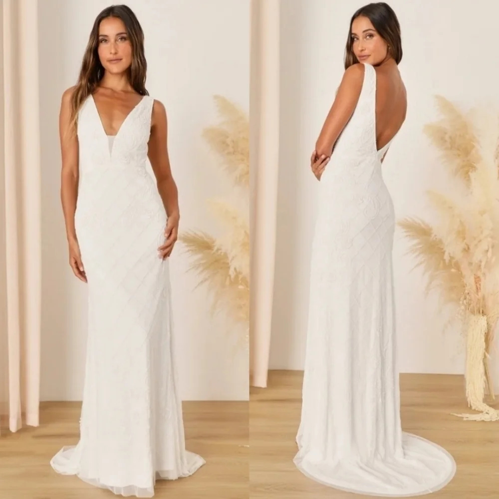 Lulus Cherished Destiny White Sequin Beaded Mermaid Maxi Dress XS Wedding Bride